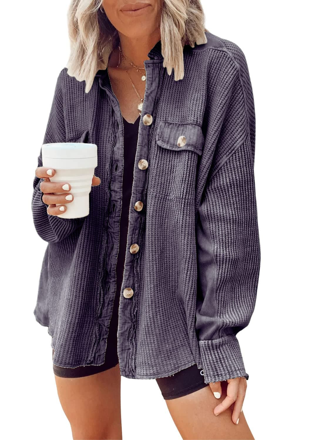 Button Shirt Jacket Women Lapel Long Sleeve Blouse