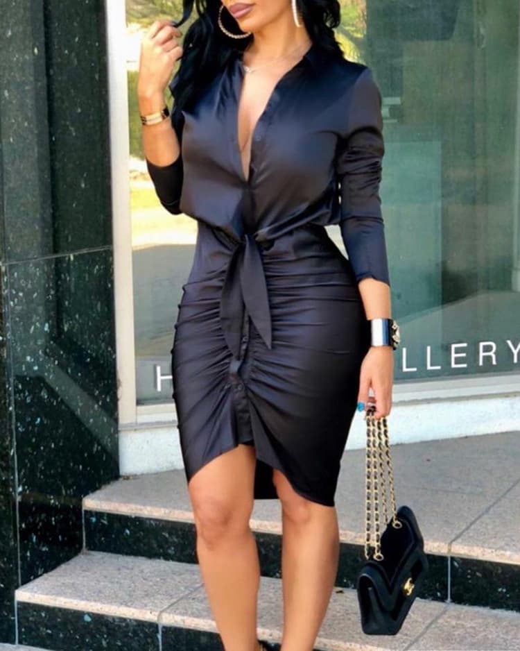 Women Lace-up Solid Color Long Sleeve Midi Dress Shirt